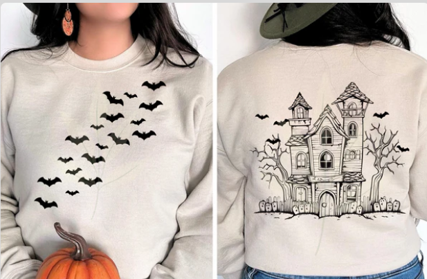 Bats and Spooky House- Black ink - Short Sleeve, Long Sleeve, Crew or Hoodie