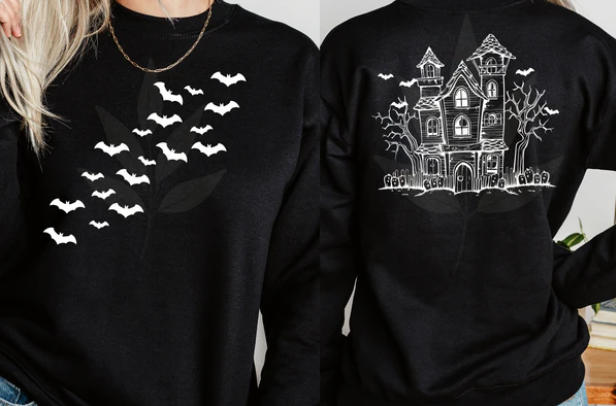 Bats and Spooky House- White Ink- Short Sleeve, Long Sleeve, Crew or Hoodie