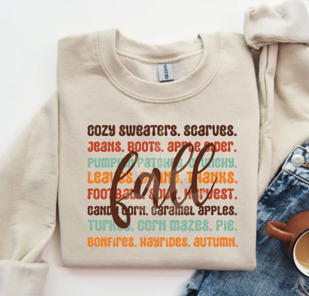 Fall Words - Multicolor - Short Sleeve, Long Sleeve, Crew or Hoodie