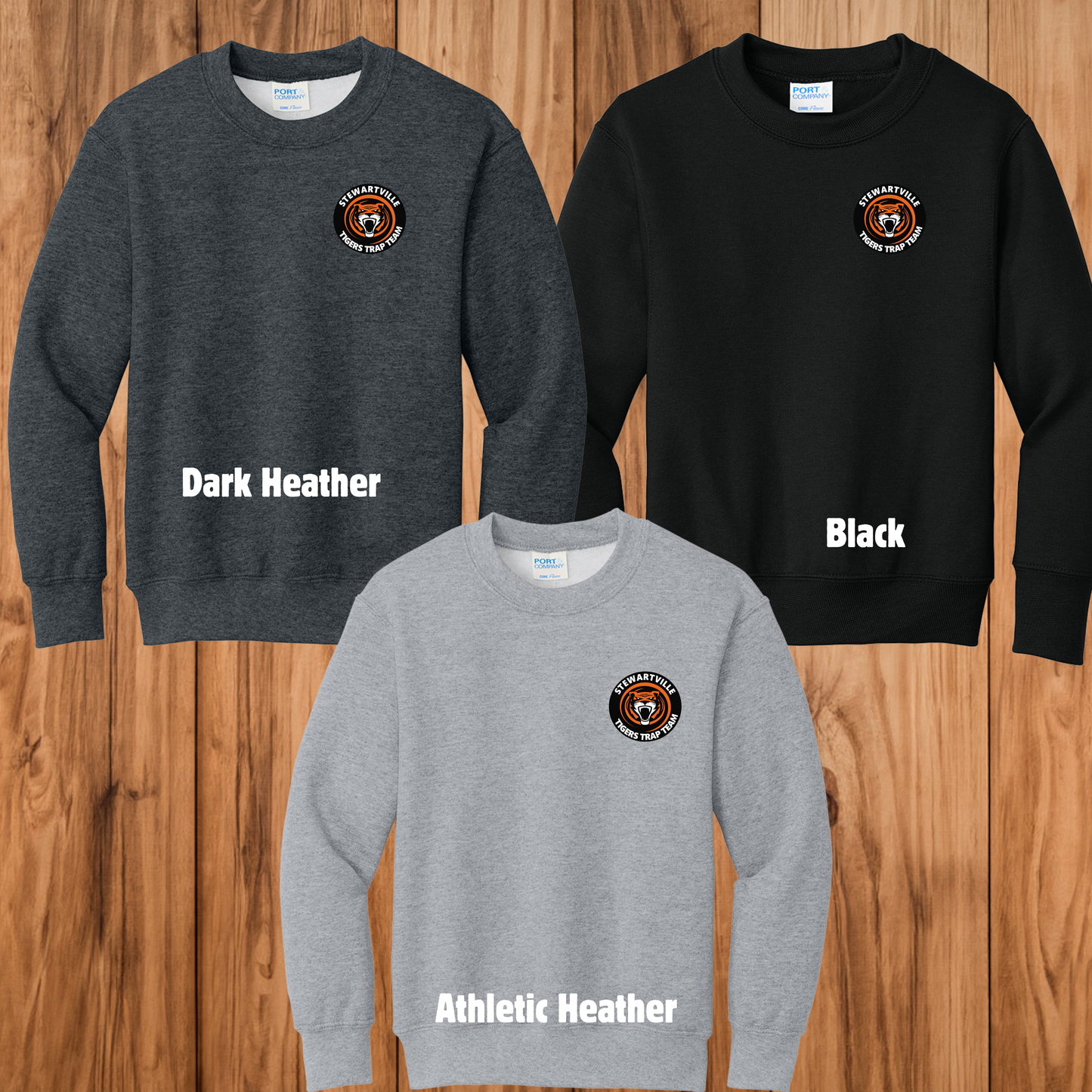 Stewartville Tigers Trap Team - YOUTH crewneck sweatshirt - multiple designs