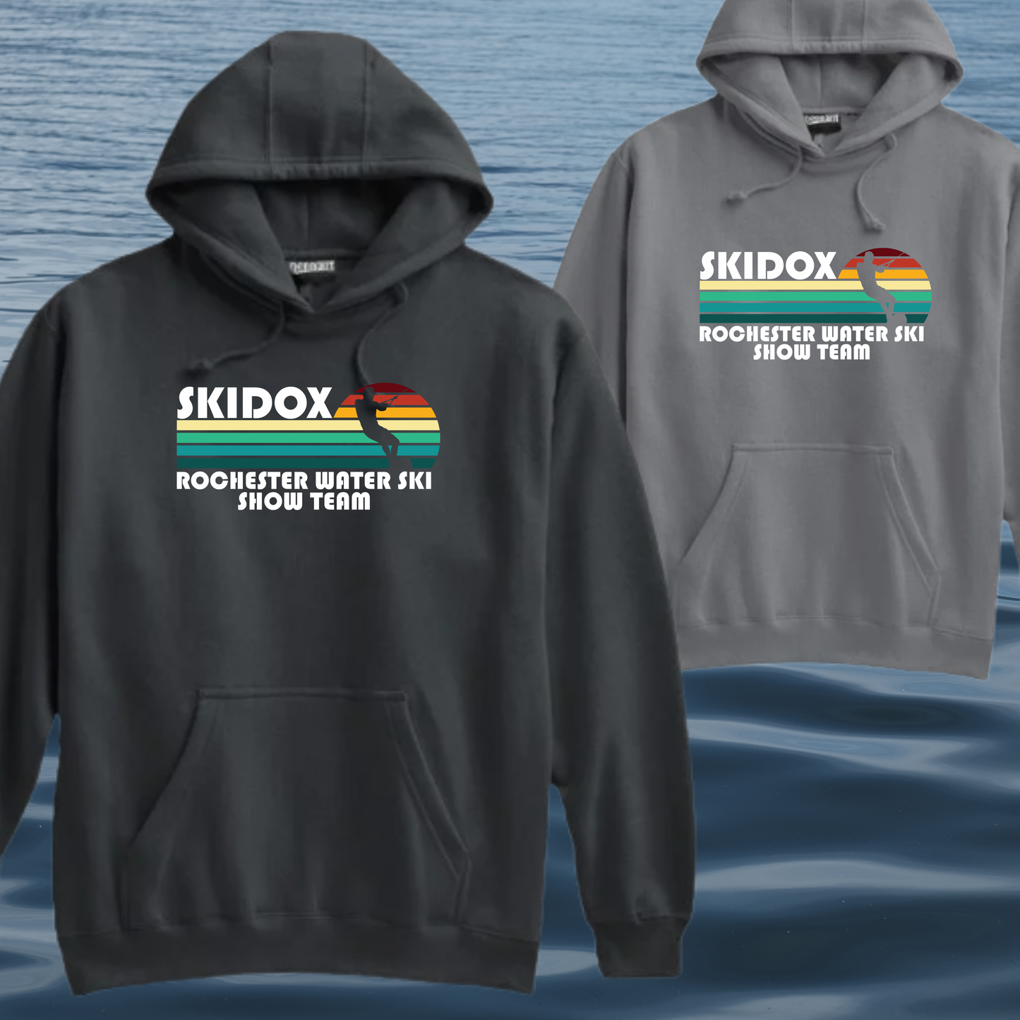 Skidox Rochester Water Ski Team - Retro Sunset Design - PREMIUM Hooded Sweatshirt - Adult and Youth