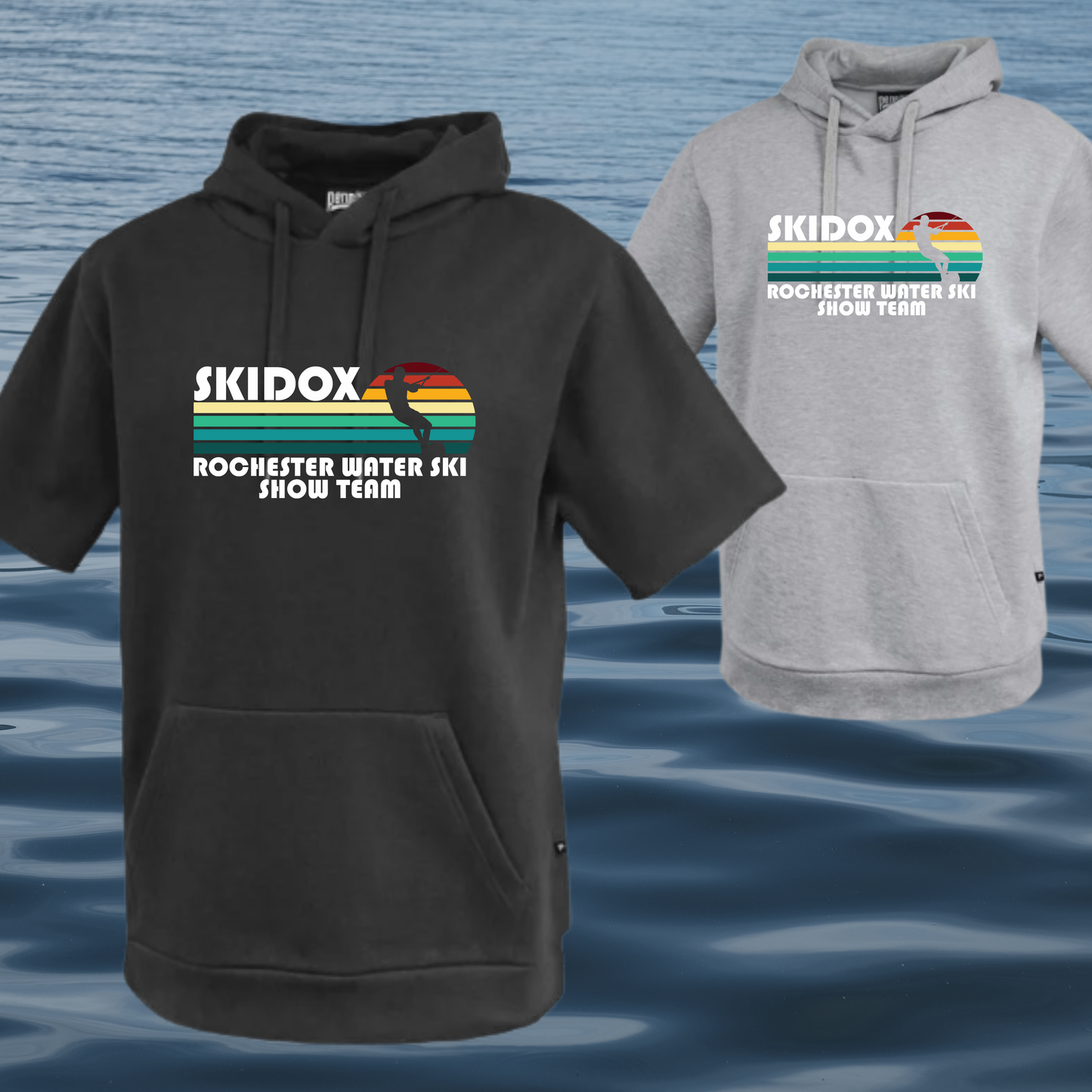 Skidox Rochester Water Ski Team - Retro Sunset Design - PREMIUM Short Sleeve Hoodie - Adult and Youth